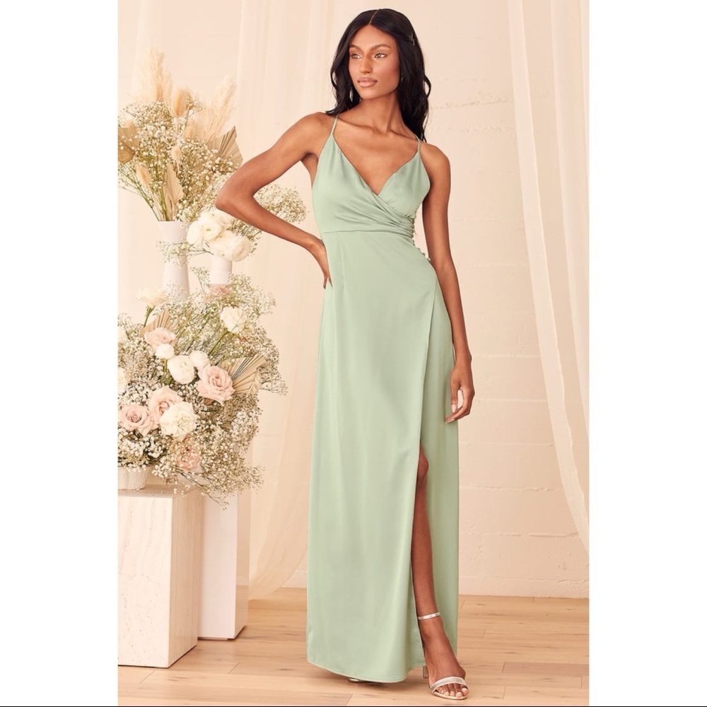 Lulu’s Outstanding Elegance Sage Green Satin Surplice Maxi Dress Medium